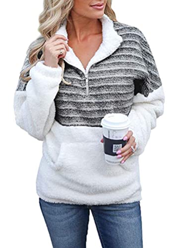 ticticlily Teddy Pullover Damen ohne Kapuze Winter Herbst V-Ausschnitts Langarm Sweatshirt mit Zip Casual Locker Pulli Warm Weich Lässiges Tops Oberteile Winterpullover für Frauen B Schwarz L von ticticlily