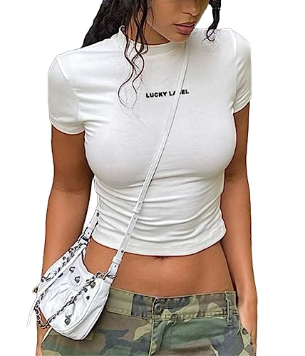 ticticlily Top Damen Cropped Top Track Jacke Tshirt Y2K Vintage Basic Crop Top Enge Jacken Kurze Langarmshirt 90er Retro Streetwear E Weiß M von ticticlily