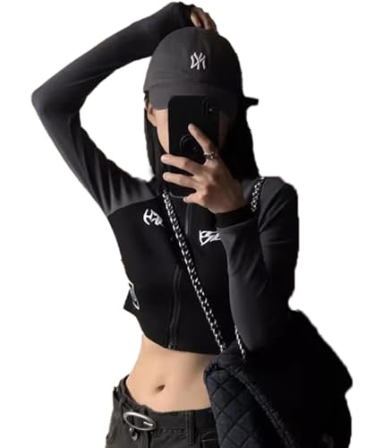 ticticlily Top Damen Cropped Top Track Jacke Tshirt Y2K Vintage Basic Crop Top Enge Jacken Kurze Langarmshirt 90er Retro Streetwear F4 Schwarz S von ticticlily