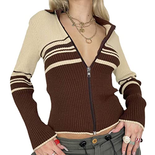 ticticlily Tops Damen Cropped Track Jacke Y2K Retro Vintage Crop Top Patchwork Ästhetisch Jacken Kurze Langarmshirts 90er Streetwear A6 Braun S von ticticlily