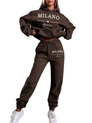 ticticlily Trainingsanzug Damen Set Jogginganzug 2 Stück Sweatshirt Kapuzenpullover und Jogging Hose Sportanzug mit Musterdrucken Freizeitbekleidung Activewear A Braun M von ticticlily