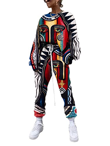 ticticlily Trainingsanzug Damen Set Jogginganzug 2 teiliges Pullover und Hosen mit Kordelzug Blumendruck Activewear Freizeitanzug Loungewear Sportanzug Sportkleidung für Damen A Mehrfarbig L von ticticlily