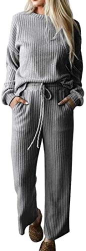 ticticlily Trainingsanzug Damen Stricken Freizeitanzug Gestrickt Jogginganzug Sweatshirts Strick Pullover und Jogginghose 2 Teiliges Set Strickanzug Casual Loungewear Outfits A Grau S von ticticlily