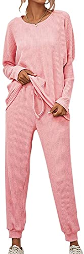 ticticlily Trainingsanzug Damen Stricken Freizeitanzug Gestrickt Jogginganzug Sweatshirts Strick Pullover und Jogginghose 2 Teiliges Set Strickanzug Casual Loungewear Outfits B Rosa S von ticticlily