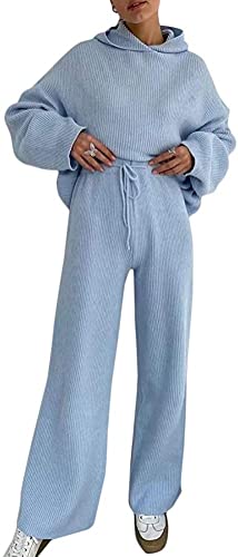 ticticlily Trainingsanzug Damen Stricken Freizeitanzug Gestrickt Jogginganzug Sweatshirts Strick Pullover und Jogginghose 2 Teiliges Set Strickanzug Casual Loungewear Outfits C Blau L von ticticlily