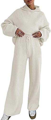 ticticlily Trainingsanzug Damen Stricken Freizeitanzug Gestrickt Jogginganzug Sweatshirts Strick Pullover und Jogginghose 2 Teiliges Set Strickanzug Casual Loungewear Outfits C Weiß L von ticticlily