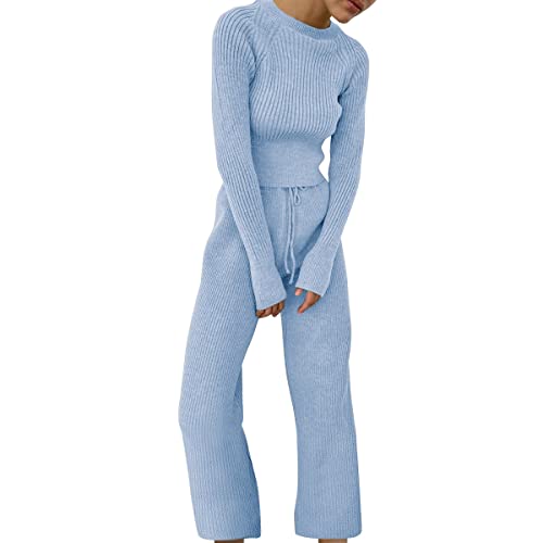 ticticlily Trainingsanzug Damen Winter Frühling Pullover und Hosen Stricke Freizeitanzug Gestrickt Jogginganzug Freizeitanzug 2 Teiliges Set Strickanzug Casual Schlafanzug Outfits für Damen Blau S von ticticlily