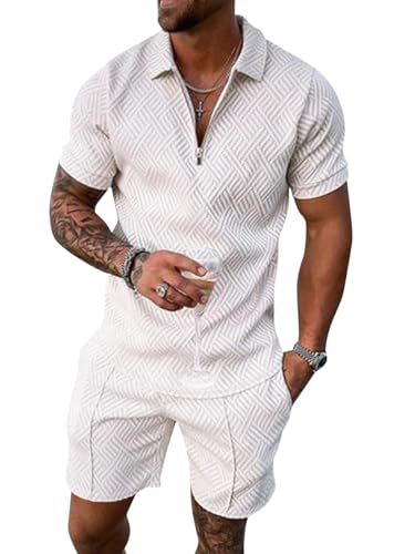 ticticlily Trainingsanzug Herren Sommer Sportanzug 2 Teiliges Outfit Sommer Shorts und Tshirt Tracksuit Sport Set Freizeitanzug Männer Business Polo Hemd mit Revers Sporthose A Weiß L von ticticlily