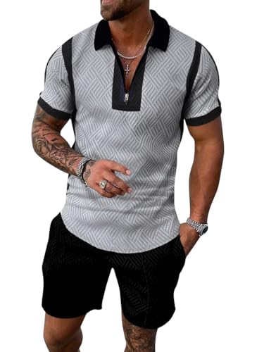 ticticlily Trainingsanzug Herren Sommer Sportbekleidung 2 Teiliges Outfit Sport Set Kurzarm T-Shirts + Kurze Hose Sets Freizeitanzug Männer Business Polo Hemd mit Revers Sporthose F2 Grau XL von ticticlily