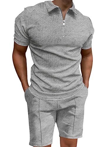 ticticlily Trainingsanzug für Herren 2 Teiliges Sommer Sportanzug Outfit Sport Set Kurzarm T-Shirts + Kurze Hose Freizeitanzug Business Polo Hemd mit Revers Mode Männer D Grau M von ticticlily