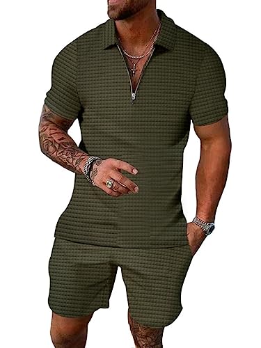 ticticlily Trainingsanzug für Herren Sommer Casual Sportanzug 2 Teiliges Outfit Sport Set Kurzarm T-Shirts + Kurze Sporthose Sets Freizeitanzug Männer Business Polo Hemd mit Revers B Armeegrün L von ticticlily