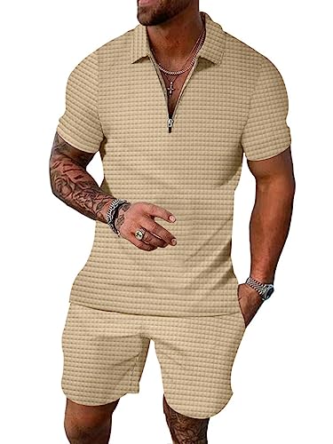 ticticlily Trainingsanzug für Herren Sommer Casual Sportanzug 2 Teiliges Outfit Sport Set Kurzarm T-Shirts + Kurze Sporthose Sets Freizeitanzug Männer Business Polo Hemd mit Revers B Khaki M von ticticlily