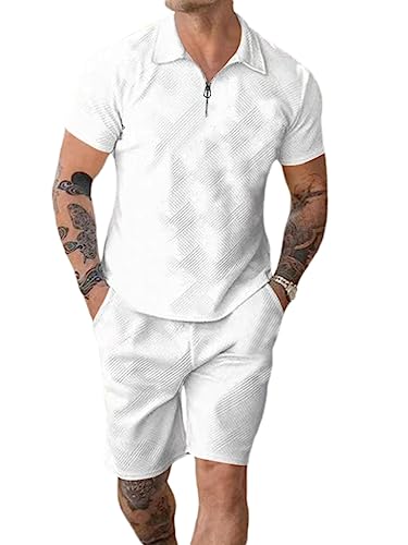 ticticlily Trainingsanzug für Herren Sommer Casual Sportanzug 2 Teiliges Outfit Sport Set Kurzarm T-Shirts + Kurze Sporthose Sets Freizeitanzug Männer Business Polo Hemd mit Revers C Weiß M von ticticlily