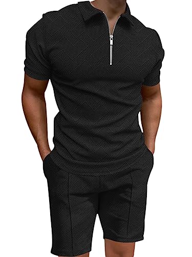 ticticlily Trainingsanzug für Herren Sommer Casual Sportanzug 2 Teiliges Outfit Sport Set Kurzarm T-Shirts + Kurze Sporthose Sets Freizeitanzug Männer Business Polo Hemd mit Revers D Schwarz S von ticticlily