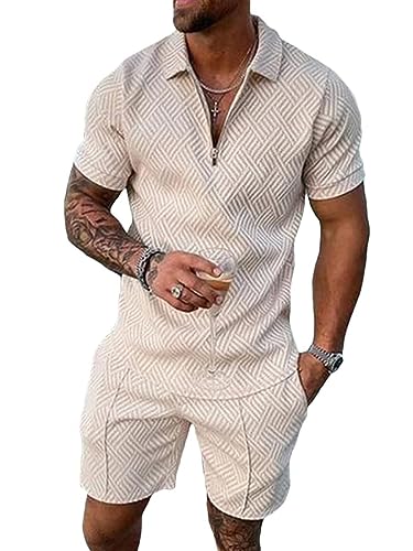 ticticlily Trainingsanzug für Herren Sommer Sportanzug 2 Teiliges Outfit Sport Set Kurzarm T-Shirts + Kurze Hose Freizeitanzug Männer Business Polo Hemd mit Revers Mode Sporthose A Aprikose M von ticticlily