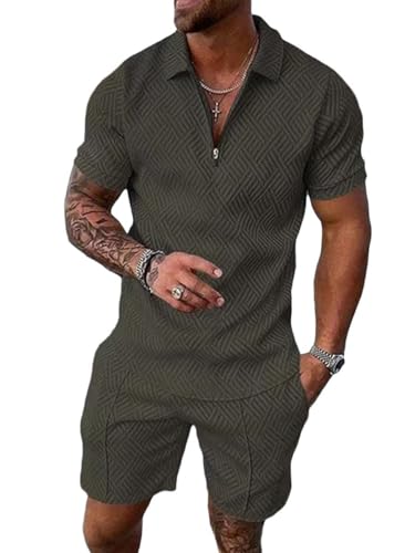 ticticlily Trainingsanzug für Herren Sommer Sportanzug 2 Teiliges Outfit Sport Set Kurzarm T-Shirts + Kurze Hose Freizeitanzug Männer Business Polo Hemd mit Revers Mode Sporthose A Armeegrün XXL von ticticlily