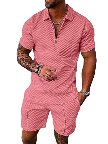ticticlily Trainingsanzug für Herren Sommer Sportanzug 2 Teiliges Outfit Sport Set Kurzarm T-Shirts + Kurze Hose Freizeitanzug Männer Business Polo Hemd mit Revers Mode Sporthose A Rosa XXL von ticticlily
