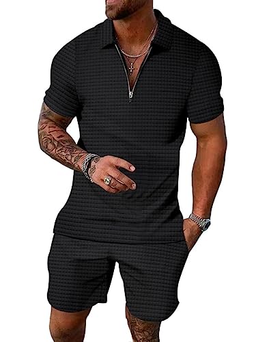 ticticlily Trainingsanzug für Herren Sommer Sportanzug 2 Teiliges Outfit Sport Set Kurzarm T-Shirts + Kurze Hose Freizeitanzug Männer Business Polo Hemd mit Revers Mode Sporthose B Schwarz L von ticticlily