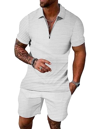 ticticlily Trainingsanzug für Herren Sommer Sportanzug 2 Teiliges Outfit Sport Set Kurzarm T-Shirts + Kurze Hose Freizeitanzug Männer Business Polo Hemd mit Revers Mode Sporthose B Weiß XL von ticticlily