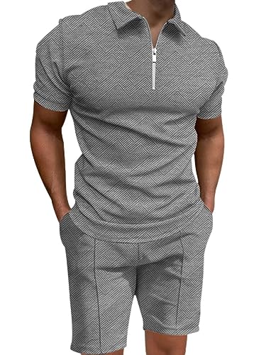 ticticlily Trainingsanzug für Herren Sommer Sportanzug 2 Teiliges Outfit Sport Set Kurzarm T-Shirts + Kurze Hose Sets Freizeitanzug Männer Business Polo Hemd mit Revers Sporthose D Dunkelgrau XL von ticticlily