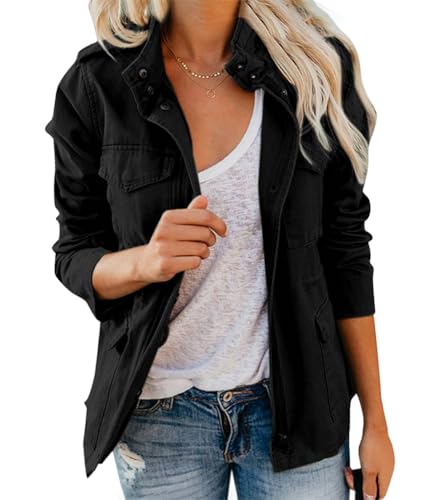 ticticlily Übergangsjacke Damen Jacken Leicht Casual Locker Jacke Zip Up Fliegerjacke Stehkragen Langarm Trenchcoat Parka Jacket Coat A Schwarz XS von ticticlily