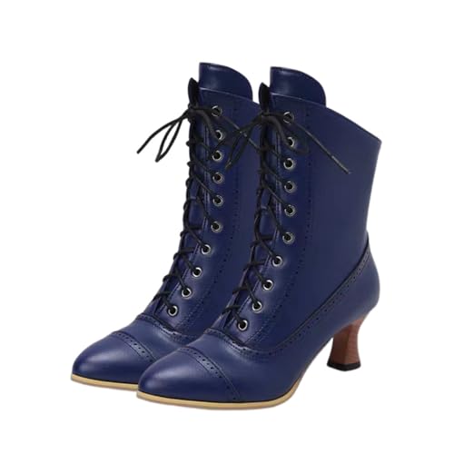 ticticlily Vintage Stiefel Damen Schnürsenkel Steampunk Ankle Stiefel mit Absatz Spitz Stiefeletten Reißverschluss C Blau 41 EU von ticticlily