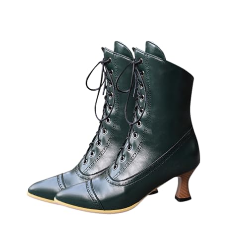 ticticlily Vintage Stiefel Damen Schnürsenkel Steampunk Ankle Stiefel mit Absatz Spitz Stiefeletten Reißverschluss C Grün 40 EU von ticticlily