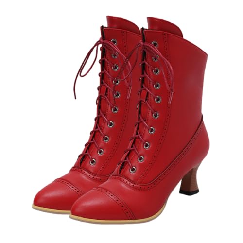 ticticlily Vintage Stiefel Damen Schnürsenkel Steampunk Ankle Stiefel mit Absatz Spitz Stiefeletten Reißverschluss C Rot 42 EU von ticticlily