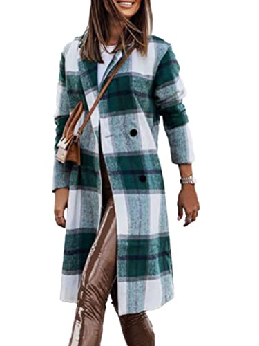 ticticlily WIntermantel Damen Mantel Kariertes Jacken Langer Hemdjacke Windjacke mit Revers Herbstjacken Holzfällerjacke Knopfleiste Casual Lose Kaschmirmantel A Grün XXL von ticticlily