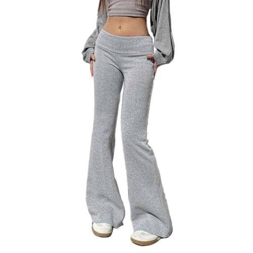 ticticlily Warme Jogginghose Damen Baumwolle Schlaghose Low Waist Bootcut Slim Fit Wide Leg Hose Yoga Sporthose Lange Jegging Stoffhose Stretch Flared Y2K Pants A Grau L von ticticlily
