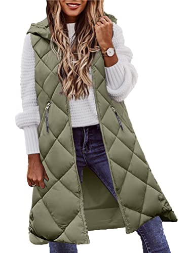 ticticlily Weste Damen Lang Daunenweste Leichte Gesteppte Weste Jacke Kapuzenweste Wintermantel Einfarbige Winddicht Ärmellose Warmer Steppjacke Daunenjacke mit Kapuze Weste Mantel A Grün L von ticticlily