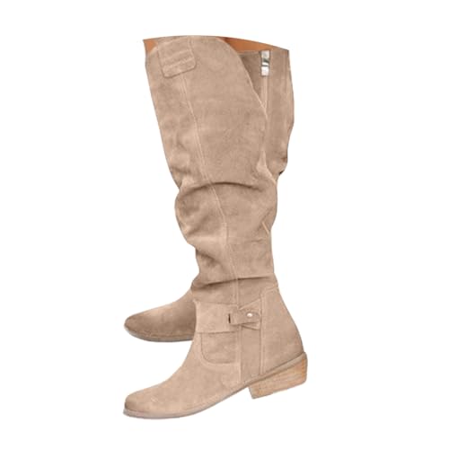 ticticlily Westernstiefel Damen Kniestiefel Wildleder Langschaftstiefel Elegante Warme Winterstiefel Kniehohe Ritter Stiefel Cowboystiefel mit Blockabsatz Stiefel mit Niedrigem Absatz A1 Beige 45 EU von ticticlily