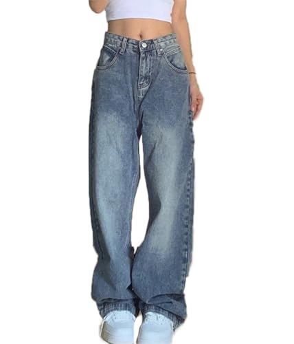 ticticlily Wide Leg Jeans Damen Baggy Jeans High Waist Weites Bein Straight Leg Gewaschene Stretch Jeanshose Y2K Aesthetic Vintage 90er Boyfriend Denim Hosen A5 Blau M von ticticlily