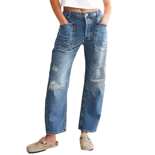 ticticlily Wide Leg Jeans Damen Baggy Jeans Mid Rise Barrel Weites Bein Straight Leg Stretch Jeanshose Boyfriend Denim Hosen A2 Blau XL von ticticlily