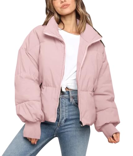 ticticlily Winterjacke Damen Kurz Puffer Jacke mit Taschen Daunenjacke Verdickterc Steppjacke Einfarbig Mantel Warm Casual Wintermantel Daunenmantel Outdoor Jacket für Damen A Rosa M von ticticlily