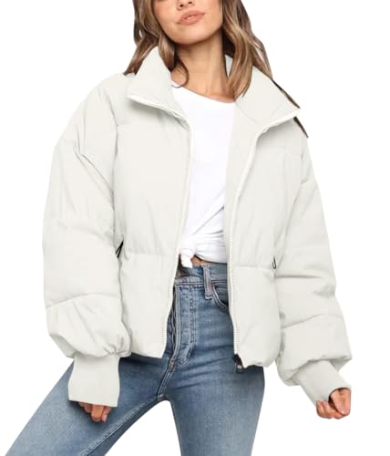 ticticlily Winterjacke Damen Kurz Puffer Jacke mit Taschen Daunenjacke Verdickterc Steppjacke Einfarbig Mantel Warm Casual Wintermantel Daunenmantel Outdoor Jacket für Damen A Weiß S von ticticlily