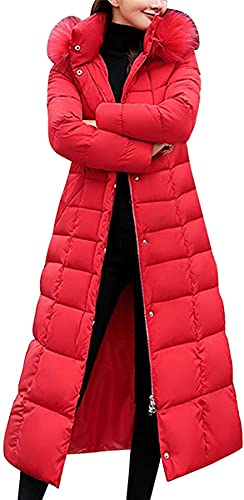 ticticlily Winterjacke Damen Lang Winter Daunenjacke Warm Wintermantel mit Kapuze Kunstfell Langarm Daunenmantel Steppjacke mit Hüftgurt Übergangsjacke Große Größen Rot XL von ticticlily