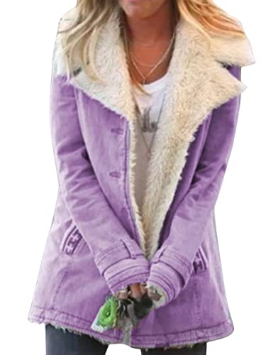 ticticlily Winterjacke Damen Sherpa Jacke Kurz Jacken Langarm Wintermantel Verdicken Plüsch Gefüttert Übergangsjacke Teddyfell Einfarbig Mantel mit Knopf Winter Outwear für Damen Violett S von ticticlily
