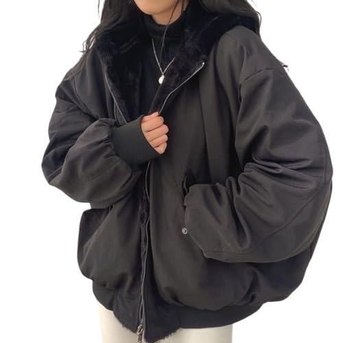 ticticlily Winterjacke Damen Teenager Mädchen Sherpa Plüsch Jacken mit Taschen Wintermantel Auf Beiden Seiten Parka mit Fell Kapuze Warm Pullover Hoodie Sweatshirt A Schwarz XS von ticticlily