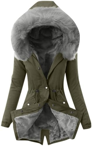 ticticlily Winterjacke Parka Mantel Damen Winter Herbst Wintermantel mit Kapuze Kunstfell Daunenmantel Lang Dicke Winterparka Slim Casual Steppmantel fur Damen Grün XXL von ticticlily