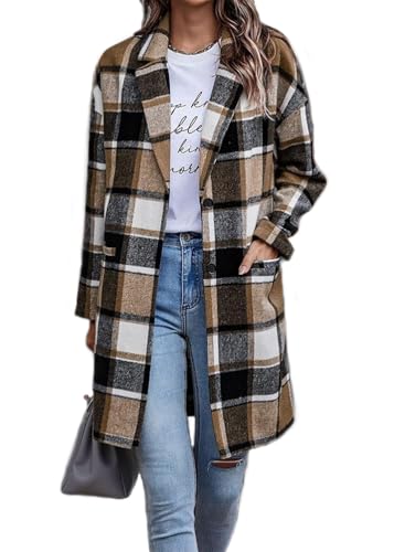 ticticlily Wintermantel Damen Lange Warm Mantel Kariertes Langarm Reverskragen Herbstmantel Holzfällerjacke mit Taschen Übergangsjacke Hemdjacke A Khaki XL von ticticlily