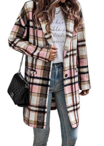 ticticlily Wintermantel Damen Lange Warm Mantel Kariertes Langarm Reverskragen Herbstmantel Holzfällerjacke mit Taschen Übergangsjacke Hemdjacke A Rosa M von ticticlily