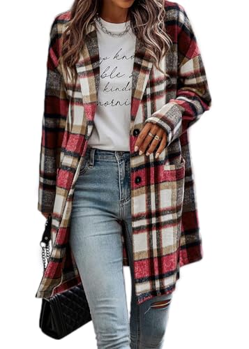 ticticlily Wintermantel Damen Lange Warm Mantel Kariertes Langarm Reverskragen Herbstmantel Holzfällerjacke mit Taschen Übergangsjacke Hemdjacke A Rot XL von ticticlily