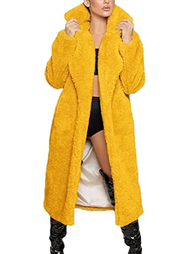 ticticlily Wintermantel Damen Lange Warme Mantel Plüsch Wollmantel Kunstfell Sherpa Jacken Übergangsjacke Teddy Fleecejacke Langarm mit Reverskragen Casual Elegant Coat Jacket B Gelb S von ticticlily