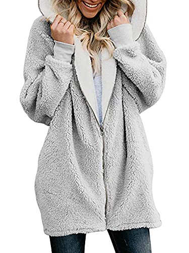 ticticlily Wintermantel Damen Sherpa Teddy Mantel Winter Herbst Hoodie Pullover mit Kapuze Loose Winterjacke Einfarbig Kapuzenjacke Übergangsjacke Kunstfell Jacken für Damen Grau L von ticticlily