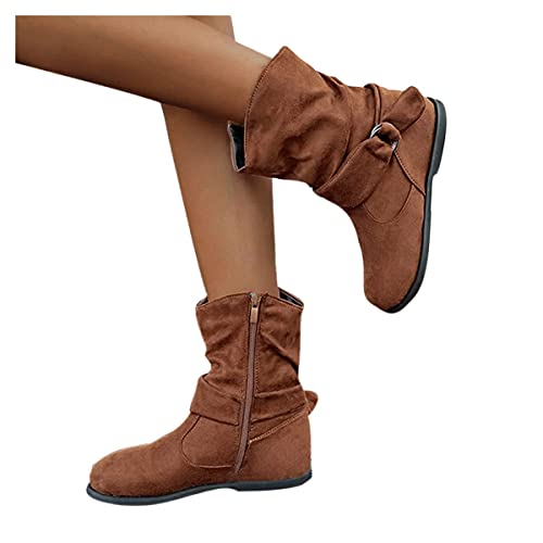 ticticlily Winterschuhe Damen Warme Retro Halbhoch Stiefeletten Einfarbig Flache Stiefel Kurzstiefel Winterboots Reißverschluss Schlupfstiefel Elegante Damenschuhe A Braun 37 EU von ticticlily