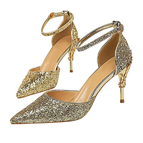 ticticlily Women's Pointed Toe Court Shoes with Ankle Strap and Kitten Heel Party Hochzeit Heels B Gold 40 EU von ticticlily