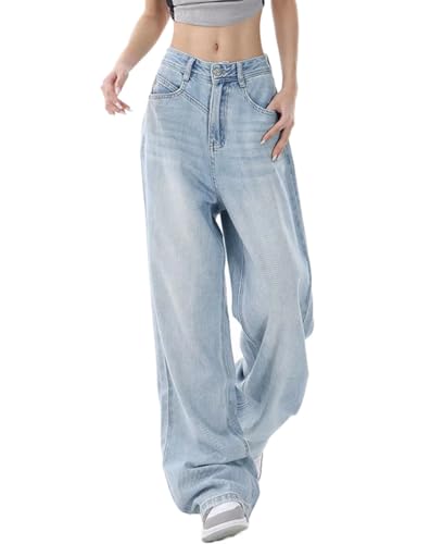 ticticlily Y2K Baggy Jeans Damen Straight Leg Hose Vintage Denim Hosen Gerade Jeanshosen Casual Hosen Koreanische Harajuku 90s E-Girl T9 Hellblau L von ticticlily
