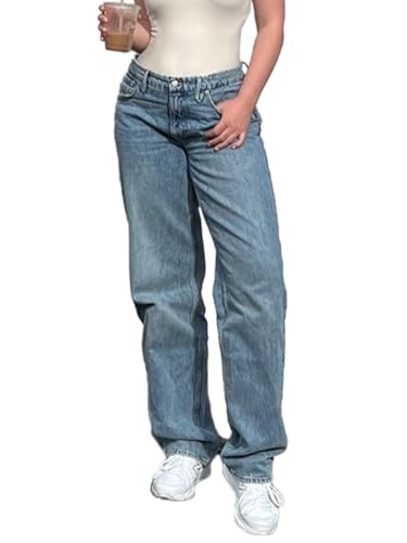 ticticlily Y2K Pants Baggy Jeans Damen High Waist Jeanshosen Vintage Straight Leg Gewaschene Mode Denim Hose Weites Bein Gerade Patchwork Lose E-Girl Hosen Streetwear A6 Blau M von ticticlily