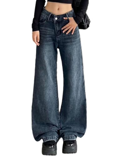 ticticlily Y2K Pants Baggy Jeans Damen High Waist Jeanshosen Vintage Straight Leg Gewaschene Mode Denim Hose Weites Bein Gerade Patchwork Lose E-Girl Hosen Streetwear A9 Dunkelblau M von ticticlily